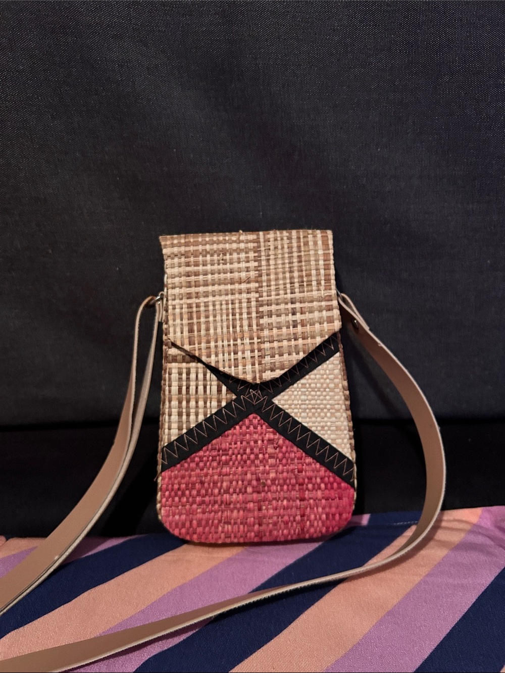 Woven Straw Crossbody Bag with Pink Accent